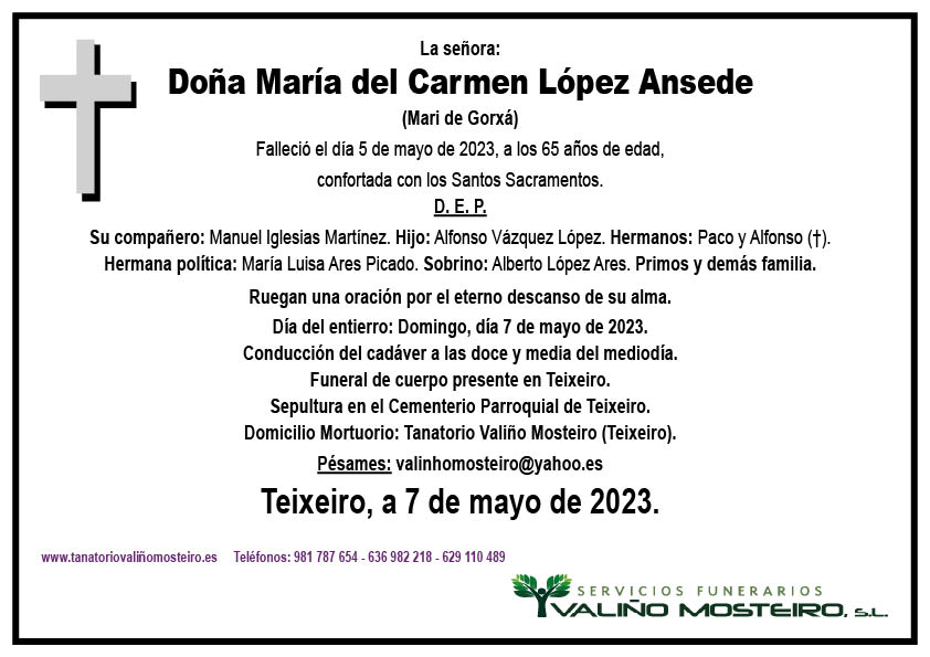 Esquela de María del Carmen López Ansede